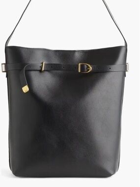 Madewell Black Leather Drawstring Tote with Gold Buckle